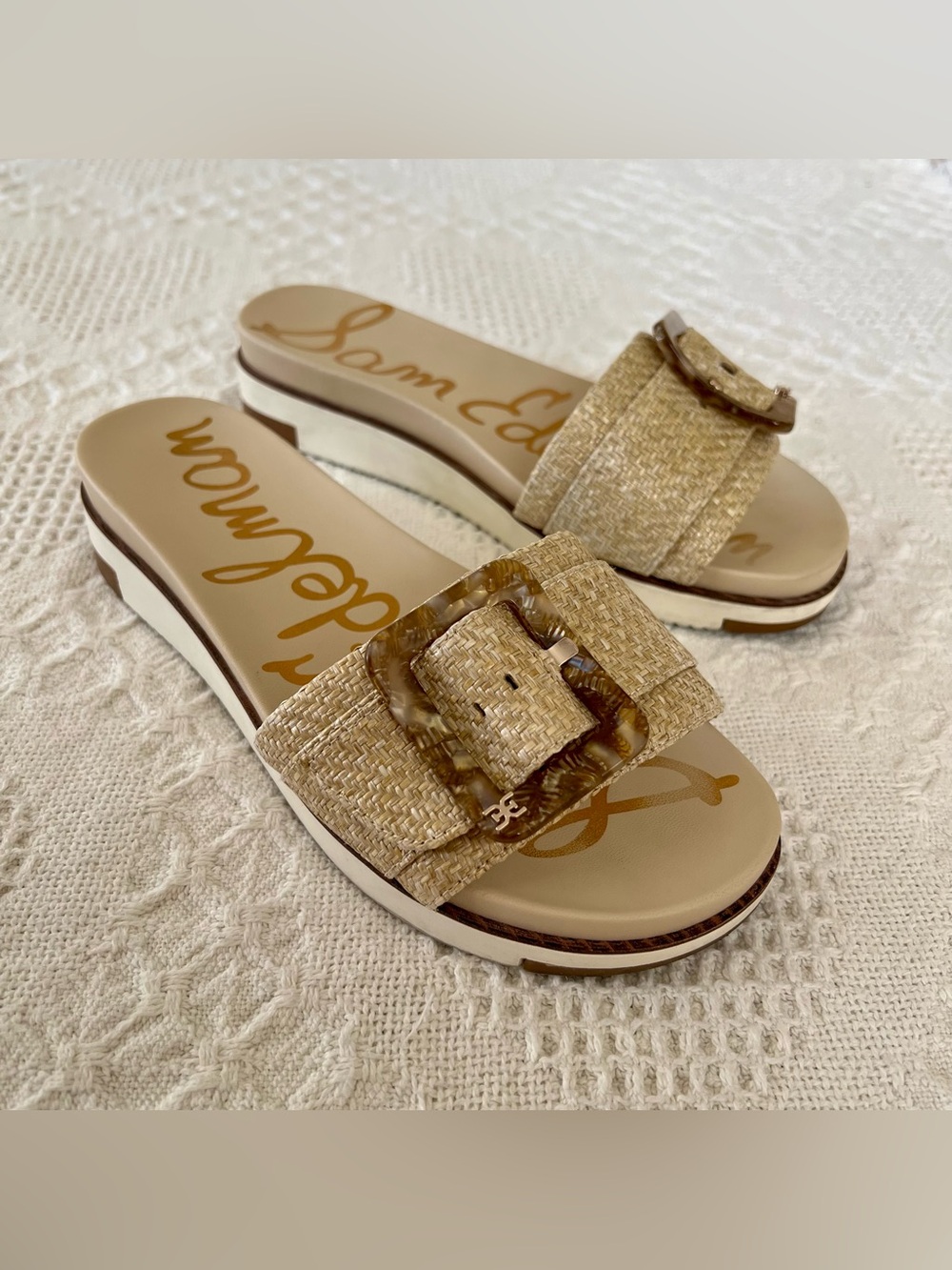 Sam Edelman Ariane Wedge Sandals Raffia Oversized Tortoise Shell Buckle Size 8 - Picture 14 of 15